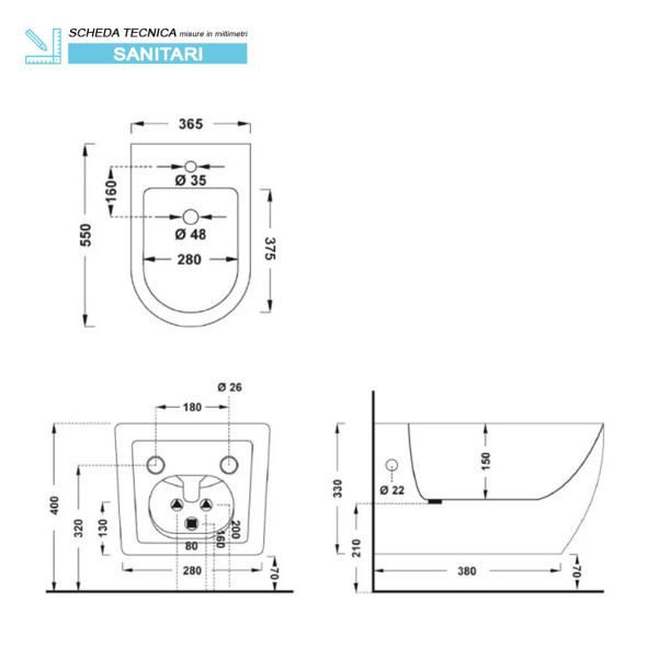 Bidet Linea T in ceramica sospeso