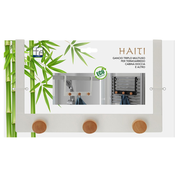Gancio triplo in acciaio bianco e bambu' linea Haiti
