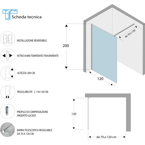 Parete doccia WALK IN da 120cm trasparente