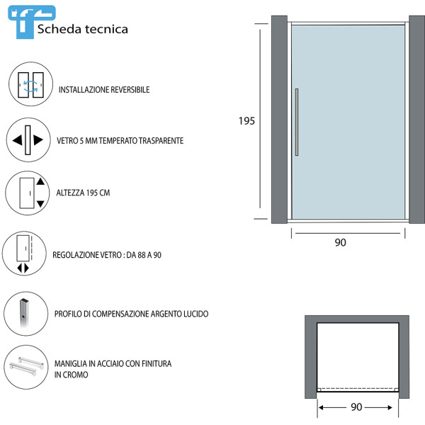 Porta battente 90cm trasparente linea Royal
