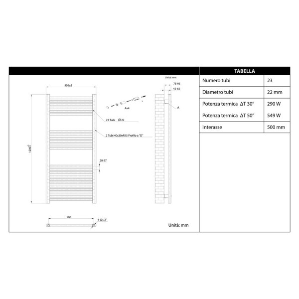 Termoarredo dritto 120x55cm con interasse 50cm bianco