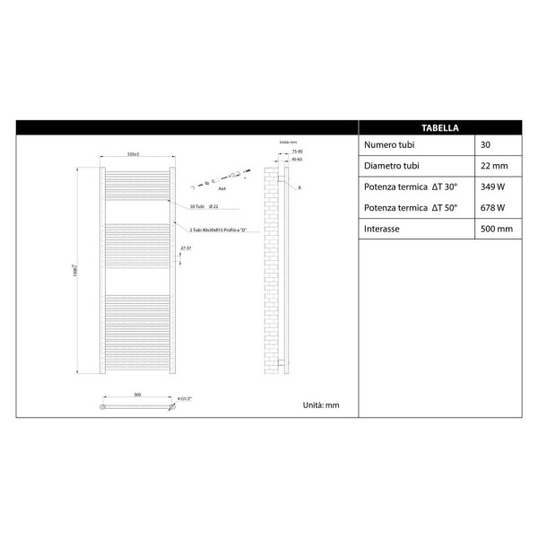 Termoarredo dritto 150x55cm con interasse 50cm bianco