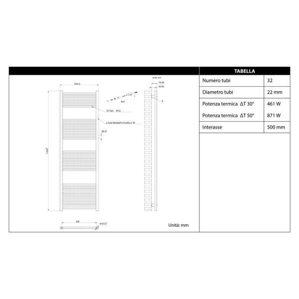 Termoarredo dritto 170x55cm con interasse 50cm bianco