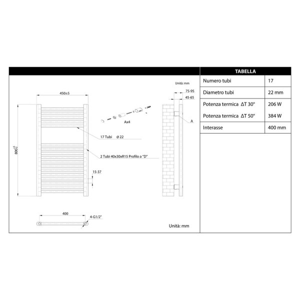 Termoarredo dritto 80x45cm con interasse 40cm bianco
